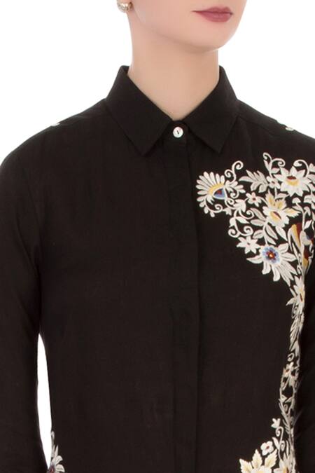 Aqube By Amber_Black Linen Embroidered Gara High Neck Collar Kurta_at_Aza_Fashions