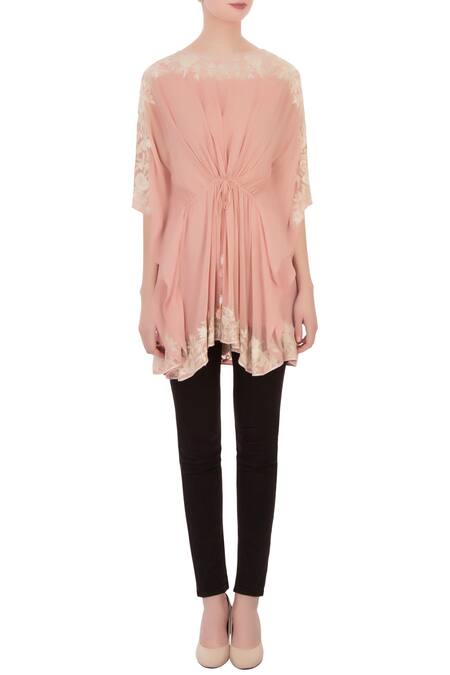 Aqube By Amber_Pink Georgette Embroidered Aari Work Boat Neck Kaftan Tunic_Online_at_Aza_Fashions