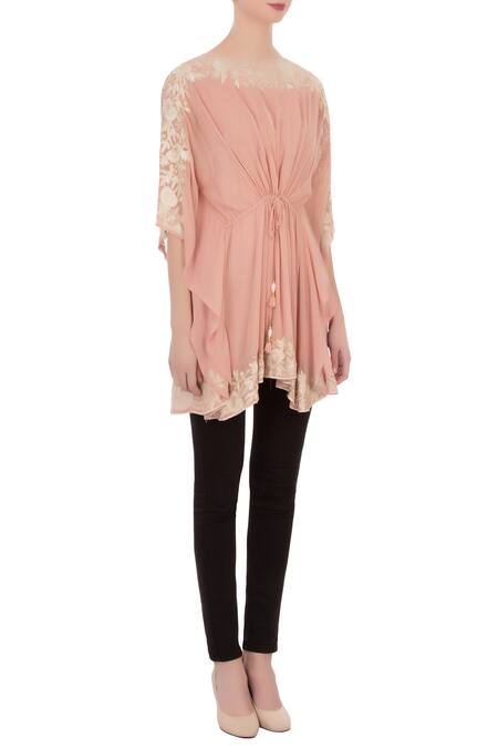 Buy_Aqube By Amber_Pink Georgette Embroidered Aari Work Boat Neck Kaftan Tunic_Online_at_Aza_Fashions