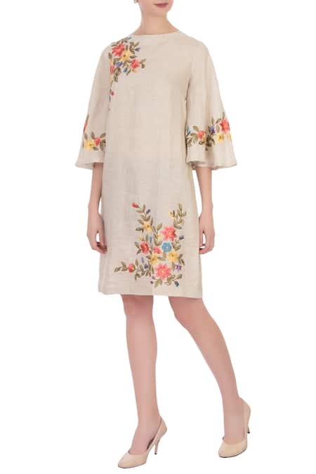 Aqube by Amber Beige Linen Embroidered Short Dress For Women