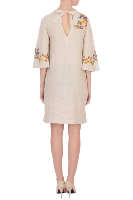 Shop Aqube By Amber Beige Linen Embroidered Short Dress at Aza Fashions Shop_Aqube By Amber_Beige Linen Embroidered Short Dress_at_Aza_Fashions