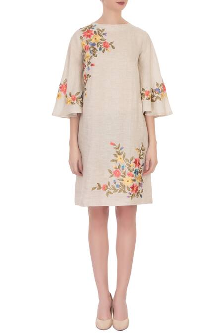 Shop Aqube By Amber Beige Linen Embroidered Short Dress Online at Aza Fashions Shop_Aqube By Amber_Beige Linen Embroidered Short Dress_Online_at_Aza_Fashions