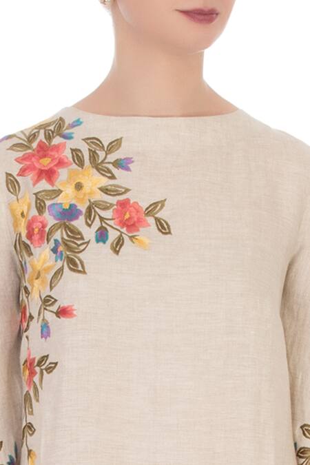 Aqube By Amber Beige Linen Embroidered Short Dress at Aza Fashions Aqube By Amber_Beige Linen Embroidered Short Dress_at_Aza_Fashions