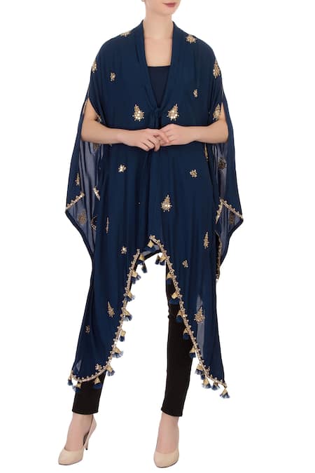 Aqube by Amber Blue Georgette Silk Embroidered Mirror V Knot Style Tassel Cape Tunic For Women