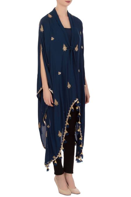 Aqube By Amber_Blue Georgette Silk Embroidered Mirror V Neck Knot Style Tassel Cape Tunic_Online_at_Aza_Fashions