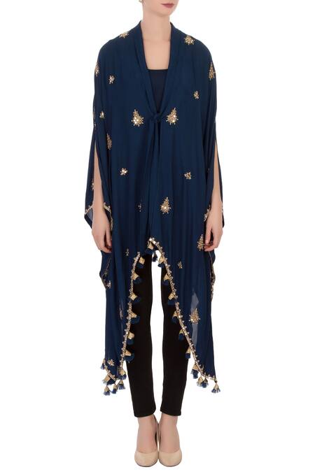 Shop_Aqube By Amber_Blue Georgette Silk Embroidered Mirror V Neck Knot Style Tassel Cape Tunic_Online_at_Aza_Fashions