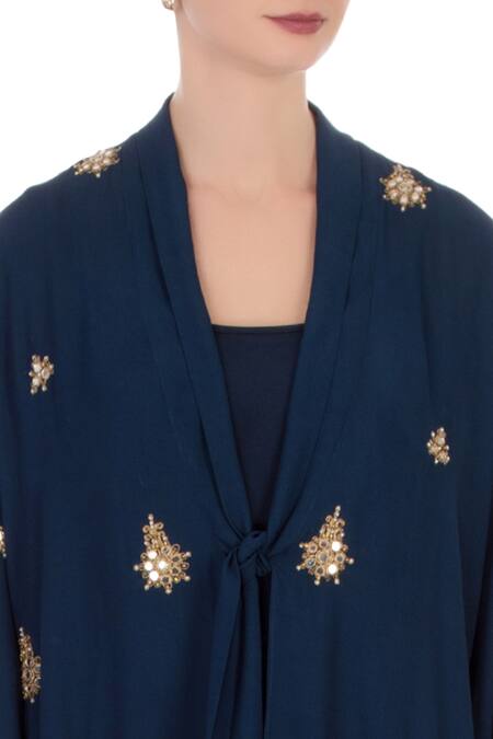 Aqube By Amber_Blue Georgette Silk Embroidered Mirror V Neck Knot Style Tassel Cape Tunic_at_Aza_Fashions