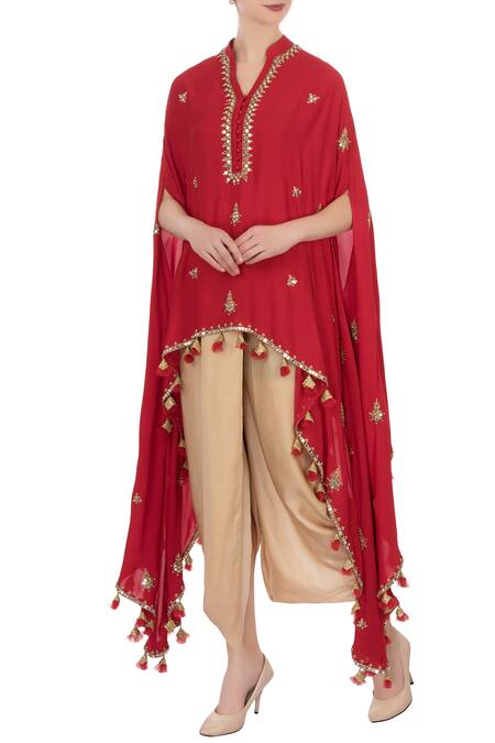 Aqube by Amber Red Georgette Silk Embroidered Mirror Work Asymmetrical Cape Tunic For Women