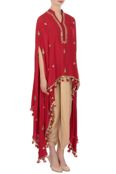 Aqube By Amber_Red Georgette Silk Embroidered Mirror Work Notched Asymmetrical Cape Tunic_Online_at_Aza_Fashions