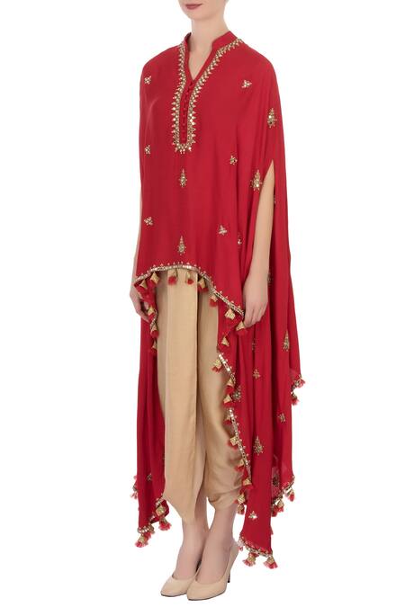 Buy_Aqube By Amber_Red Georgette Silk Embroidered Mirror Work Notched Asymmetrical Cape Tunic_Online_at_Aza_Fashions