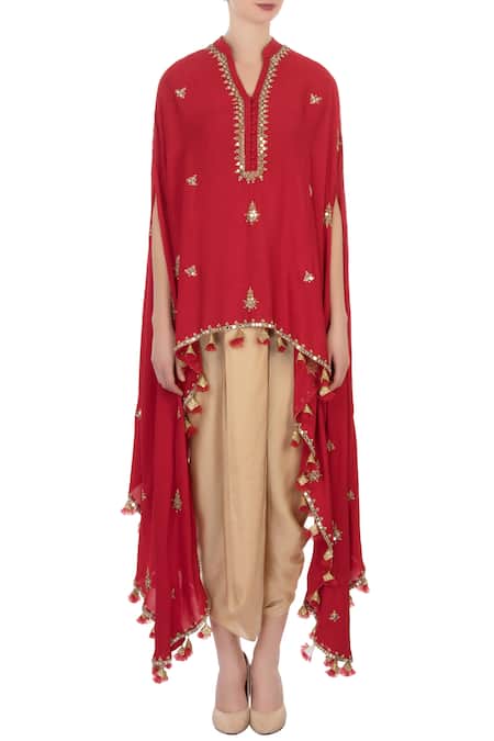 Shop_Aqube By Amber_Red Georgette Silk Embroidered Mirror Work Notched Asymmetrical Cape Tunic_Online_at_Aza_Fashions