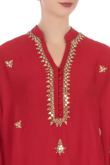 Aqube By Amber_Red Georgette Silk Embroidered Mirror Work Notched Asymmetrical Cape Tunic_at_Aza_Fashions