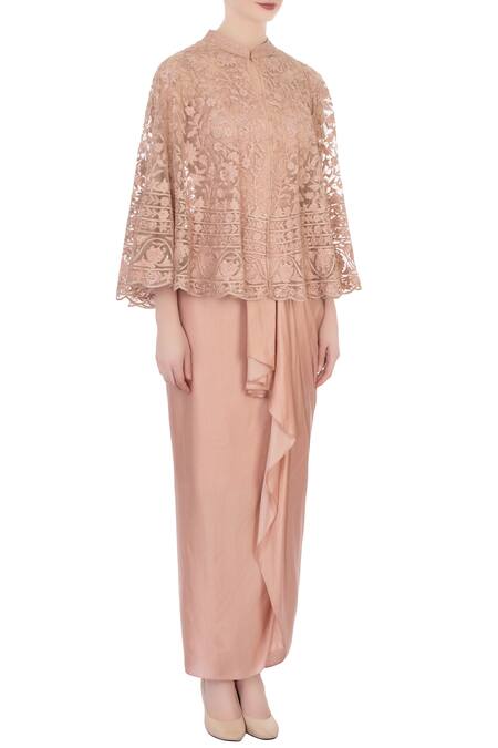 Aqube By Amber_Pink Cape Mandarin Collar Draped Skirt Set_Online_at_Aza_Fashions