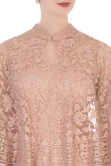 Aqube By Amber_Pink Cape Mandarin Collar Draped Skirt Set_at_Aza_Fashions