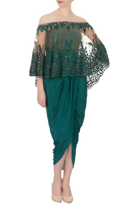 Aqube by Amber Green Draped Dress With Net Cape  