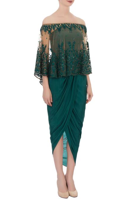 Aqube By Amber Green Draped Dress With Net Cape Online at Aza Fashions Aqube By Amber_Green Draped Dress With Net Cape_Online_at_Aza_Fashions