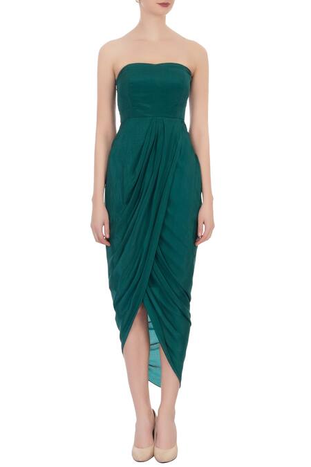 Shop Aqube By Amber Green Draped Dress With Net Cape Online at Aza Fashions Shop_Aqube By Amber_Green Draped Dress With Net Cape_Online_at_Aza_Fashions