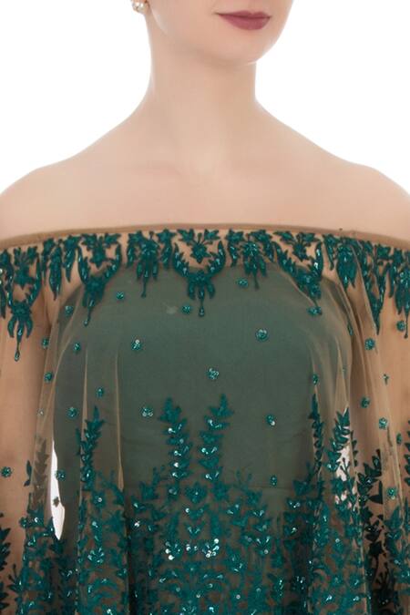 Aqube By Amber Green Draped Dress With Net Cape at Aza Fashions Aqube By Amber_Green Draped Dress With Net Cape_at_Aza_Fashions