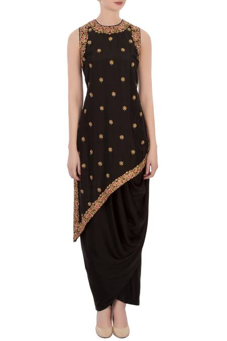 Shop_Aqube By Amber_Black Dupion Silk Embroidered Resham Jewel Neck Dhoti Set_Online_at_Aza_Fashions