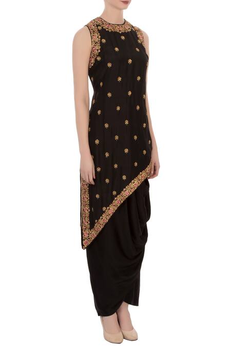 Aqube By Amber_Black Dupion Silk Embroidered Resham Jewel Neck Dhoti Set_Online_at_Aza_Fashions