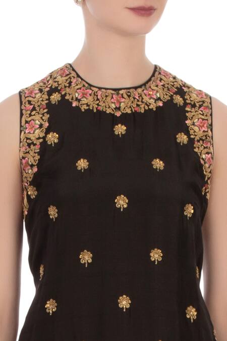 Aqube By Amber_Black Dupion Silk Embroidered Resham Jewel Neck Dhoti Set_at_Aza_Fashions