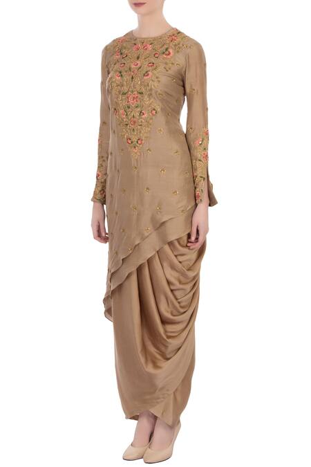 Buy_Aqube By Amber_Brown Kurta Dupion Silk Dhoti Modal Satin Embroidered Resham Jewel And Set_Online_at_Aza_Fashions