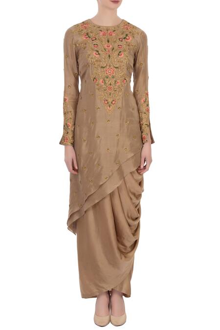Shop_Aqube By Amber_Brown Kurta Dupion Silk Dhoti Modal Satin Embroidered Resham Jewel And Set_Online_at_Aza_Fashions