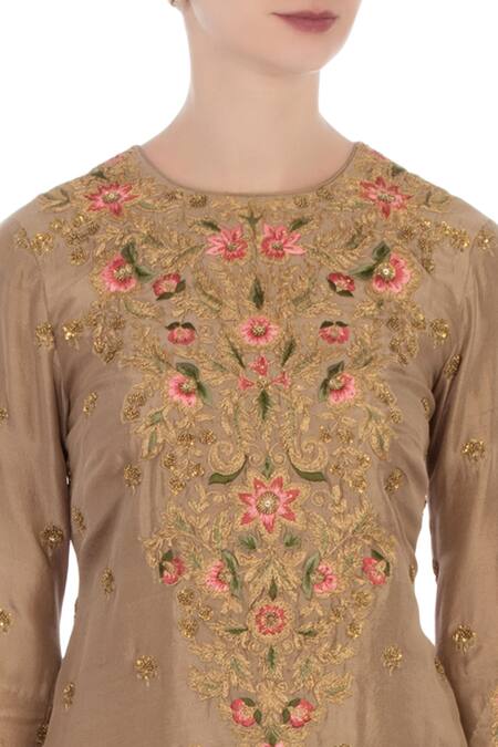 Aqube By Amber_Brown Kurta Dupion Silk Dhoti Modal Satin Embroidered Resham Jewel And Set_at_Aza_Fashions