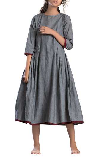 Buy MATI Grey Striped A-line Dress at Aza Fashions Buy_MATI_Grey Striped A-line Dress_at_Aza_Fashions