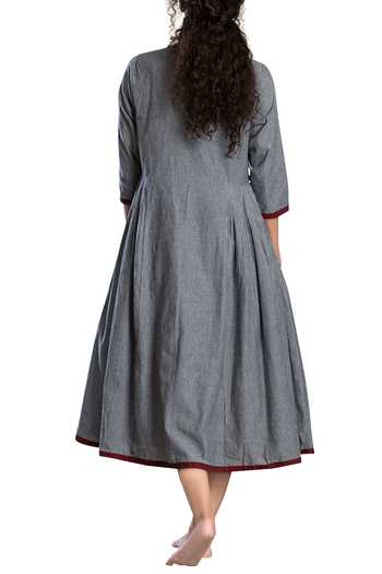 Shop MATI Grey Striped A-line Dress at Aza Fashions Shop_MATI_Grey Striped A-line Dress_at_Aza_Fashions