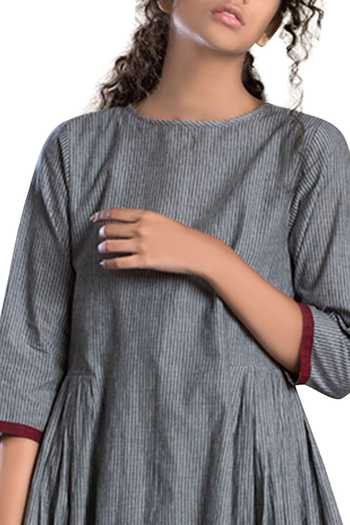 Buy MATI Grey Striped A-line Dress Online at Aza Fashions Buy_MATI_Grey Striped A-line Dress_Online_at_Aza_Fashions