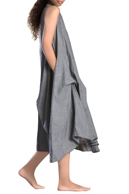 MATI_1_Grey Striped Paneled Asymmetrical Dress_Online_at_Aza_Fashions