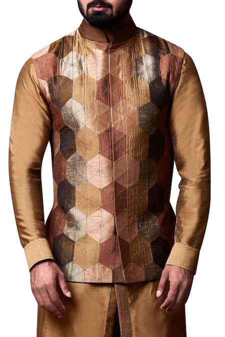 Kunal Anil Tanna_Beige Spun Silk Embroidered Hexagon Patchwork Bundi Kurta Set  _Online_at_Aza_Fashions