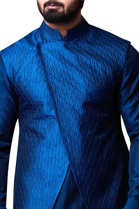 Kunal Anil Tanna_Blue Spun Silk Patchwork Asymmetric Bundi And Kurta Set  _Online_at_Aza_Fashions