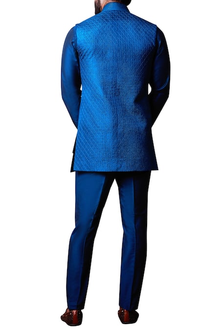 Kunal Anil Tanna Blue spun silk patchwork jacket set 