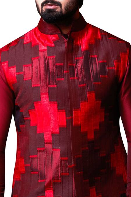 Kunal Anil Tanna_Maroon Spun Silk Patchwork Bundi And Slit Kurta Set  _Online_at_Aza_Fashions
