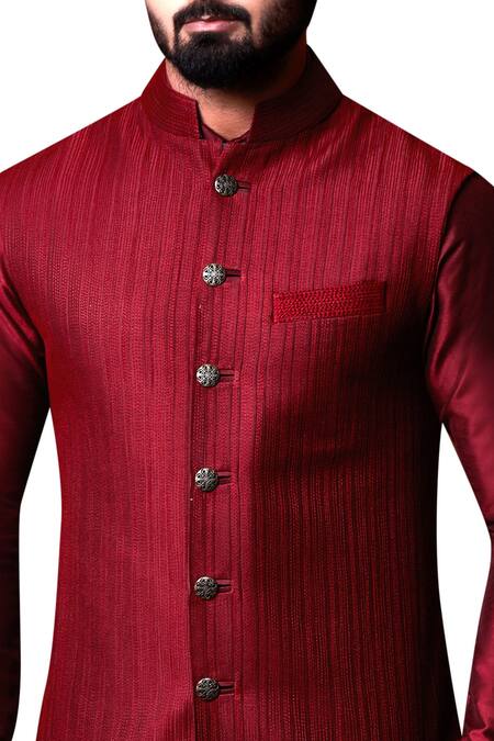 Kunal Anil Tanna Maroon Spun Silk Self Textured Bundi With Shirt Kurta Set Online at Aza Fashions Kunal Anil Tanna_Maroon Spun Silk Self Textured Bundi With Shirt Kurta Set _Online_at_Aza_Fashions
