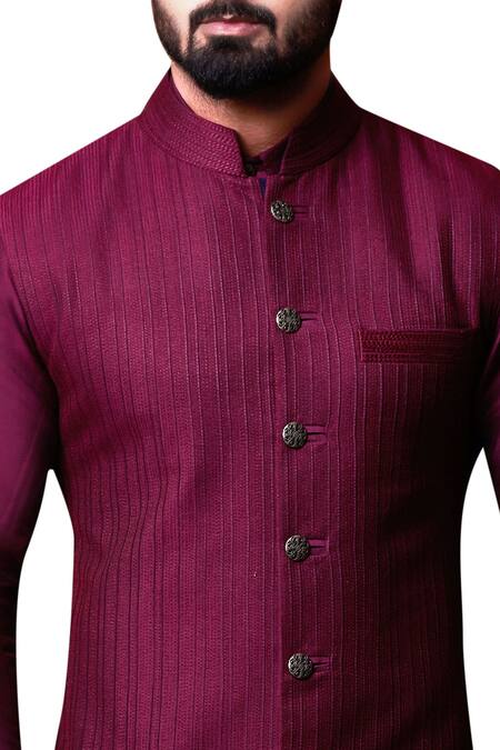 Kunal Anil Tanna_Purple Spun Silk Textured Bundi And Kurta Set  _Online_at_Aza_Fashions