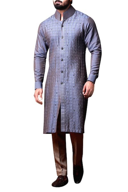 Kunal Anil Tanna Grey pleated kurta & beige trousers 