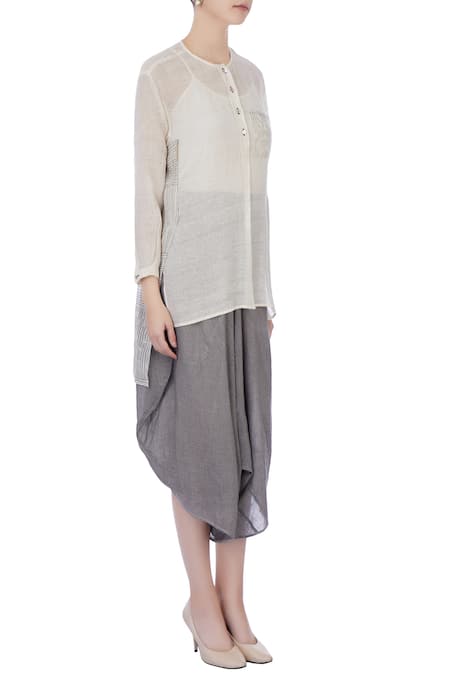 Urvashi Kaur_Grey Organic Handwoven Cotton Stripes Round Solid Shirt And Dhoti Pant Set _Online_at_Aza_Fashions