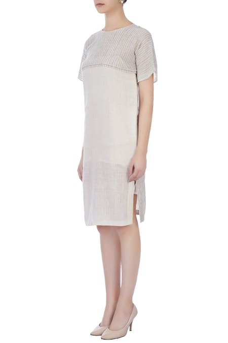 Buy Urvashi Kaur Grey Crinkle Cotton Stripes Round Dress Online at Aza Fashions Buy_Urvashi Kaur_Grey Crinkle Cotton Stripes Round Dress _Online_at_Aza_Fashions