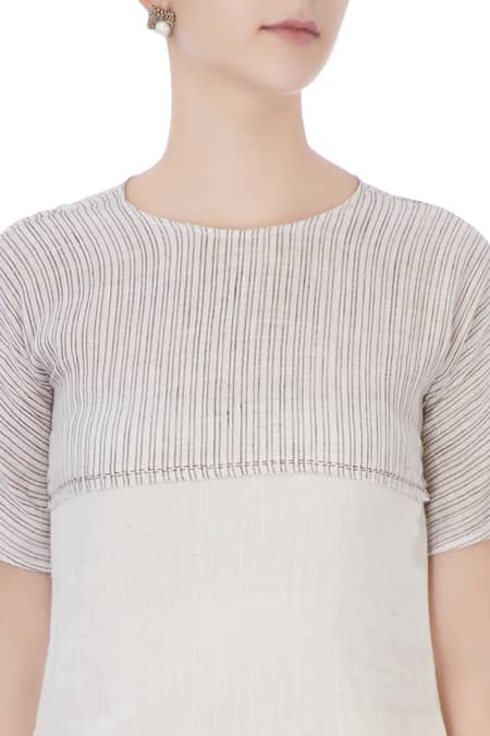 Urvashi Kaur Grey Crinkle Cotton Stripes Round Dress at Aza Fashions Urvashi Kaur_Grey Crinkle Cotton Stripes Round Dress _at_Aza_Fashions