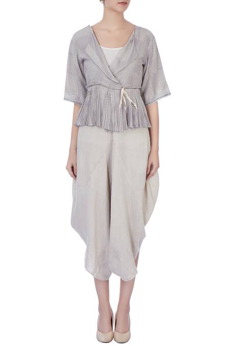Shop_Urvashi Kaur_Grey Silk, Organic Woolen Shibori Blouse And Dhoti Pant Set _Online_at_Aza_Fashions