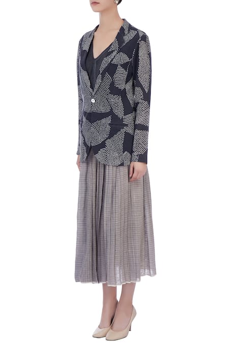 Buy_Urvashi Kaur_Grey Shibori Tie-dye Notched Collar Handwoven Cotton Jacket And Skirt Set _Online_at_Aza_Fashions