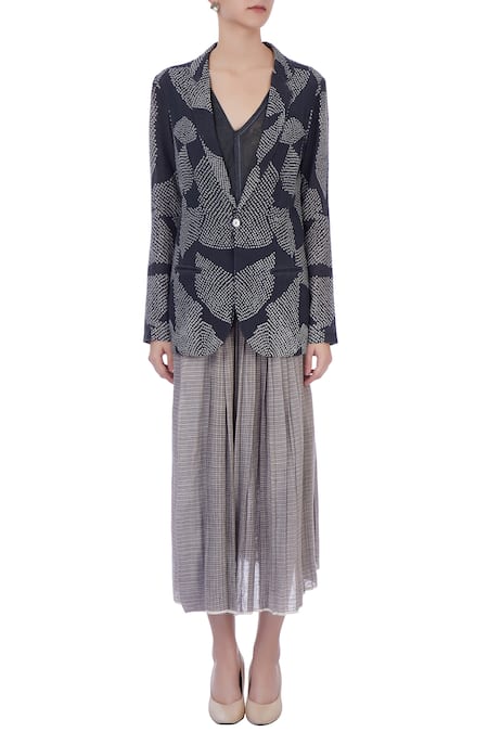 Shop_Urvashi Kaur_Grey Shibori Tie-dye Notched Collar Handwoven Cotton Jacket And Skirt Set _Online_at_Aza_Fashions