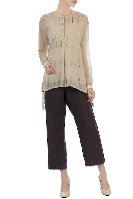 Urvashi Kaur Beige Sheer Silk Woven Tie And Asymmetric Tunic And Textured Pant Set For Women