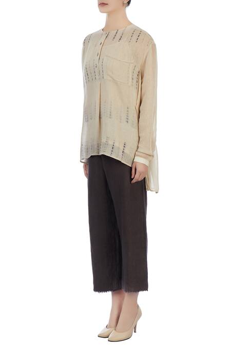 Buy_Urvashi Kaur_Beige Sheer Silk, Handwoven Cotton Tie And Asymmetric Tunic And Textured Pant Set _Online_at_Aza_Fashions