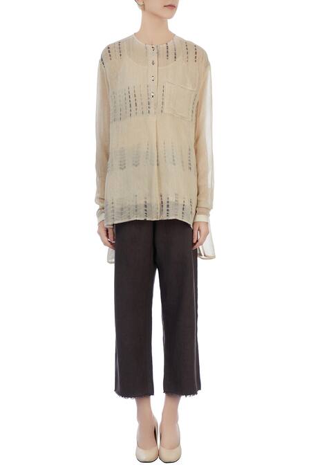 Shop_Urvashi Kaur_Beige Sheer Silk, Handwoven Cotton Tie And Asymmetric Tunic And Textured Pant Set _Online_at_Aza_Fashions