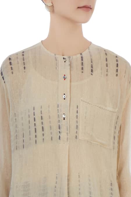 Urvashi Kaur_Beige Sheer Silk, Handwoven Cotton Tie And Asymmetric Tunic And Textured Pant Set _at_Aza_Fashions