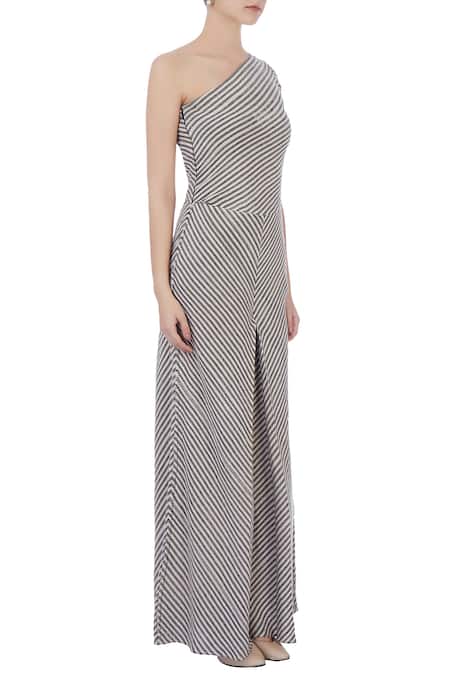 Urvashi Kaur_Beige Asymmetric Striped Jumpsuit _Online_at_Aza_Fashions